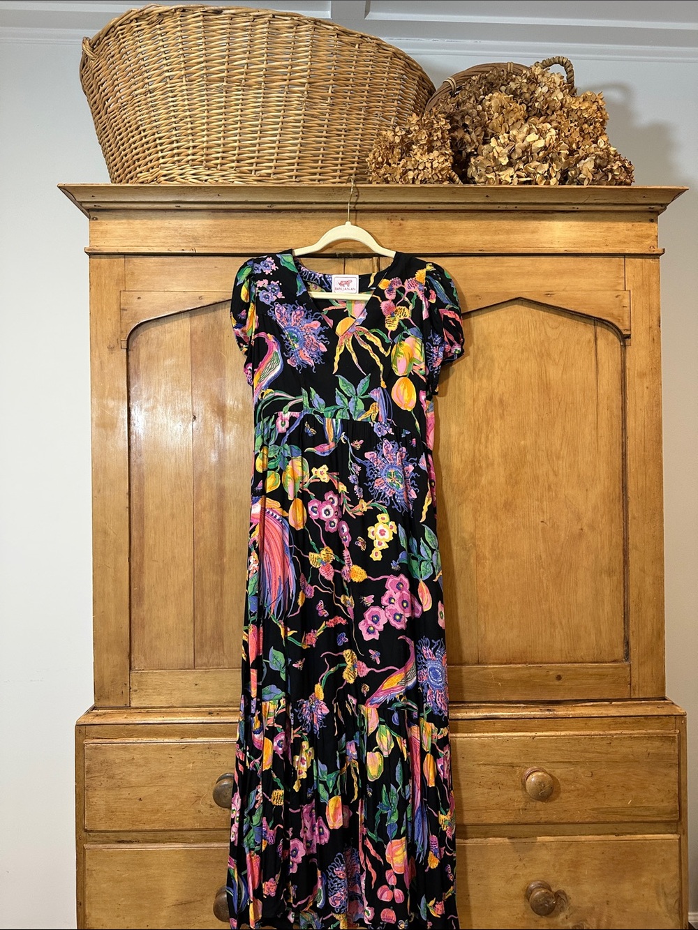 Banjanan Black Maxi Dress with Pink, Yellow & Green Floral Print